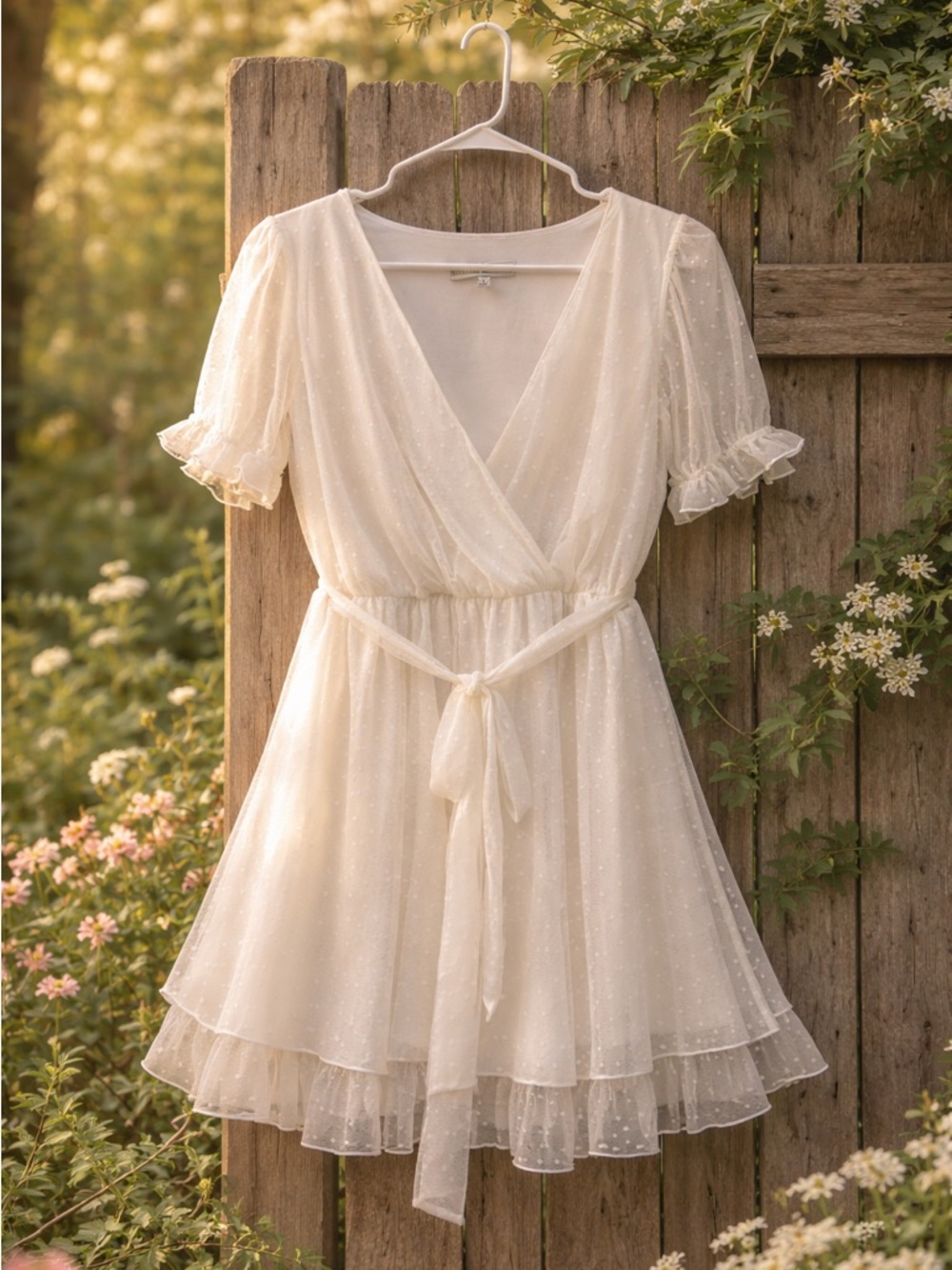 White Swiss Dot Cottagecore Dress Puff Sleeve Tie Waist Bridal L Allison & Kelly